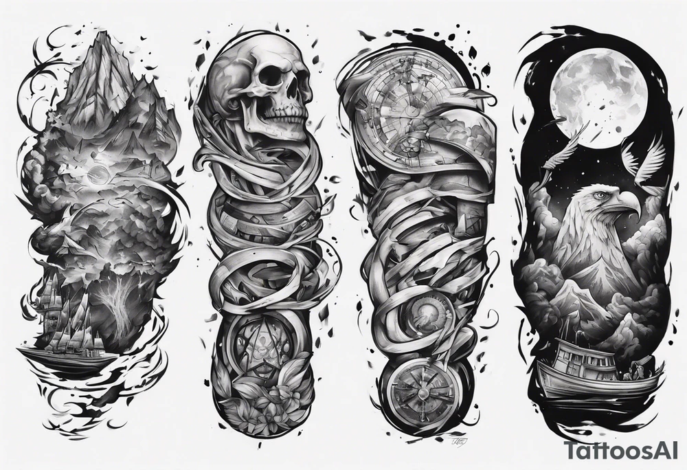 Inner bicep, stretched horizontally, visual representation of the journey of life tattoo idea