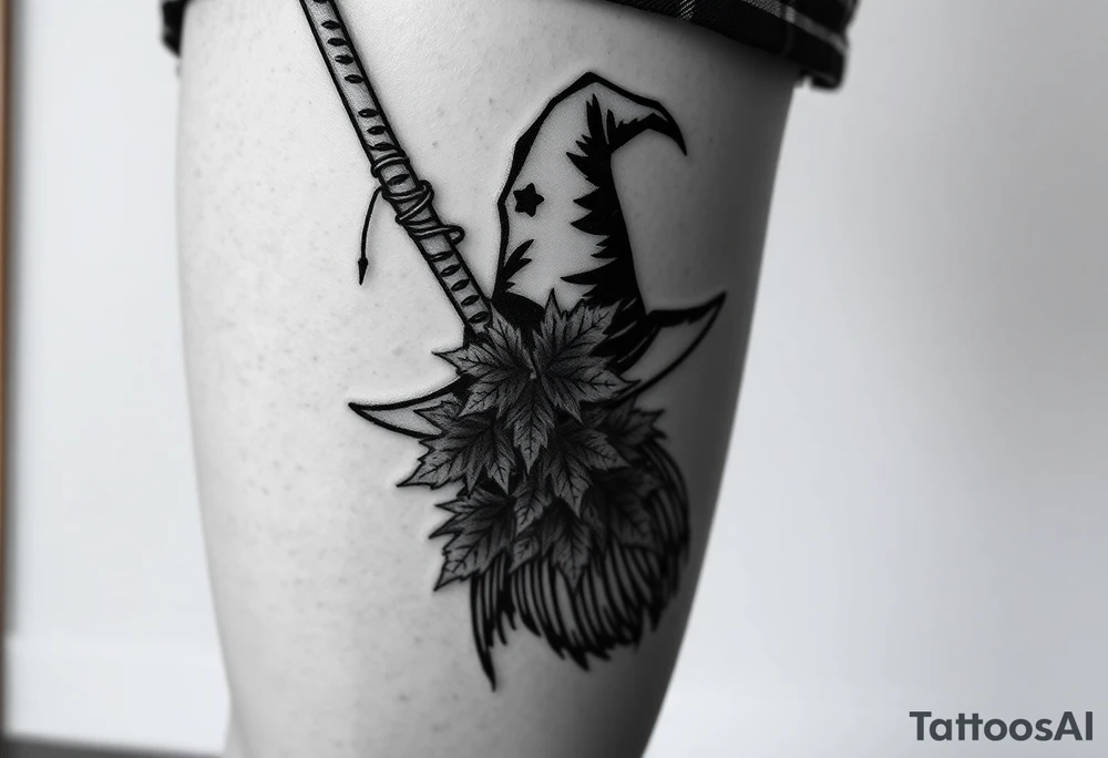 Which is broom with handle
 a witches hat with fall maple leaves tattoo idea