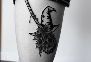 Which is broom with handle
 a witches hat with fall maple leaves tattoo idea