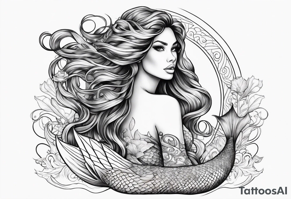sexy goddess mermaid with flowing hair and long flowing tail with scales and tattoos combine the favorites tattoo idea