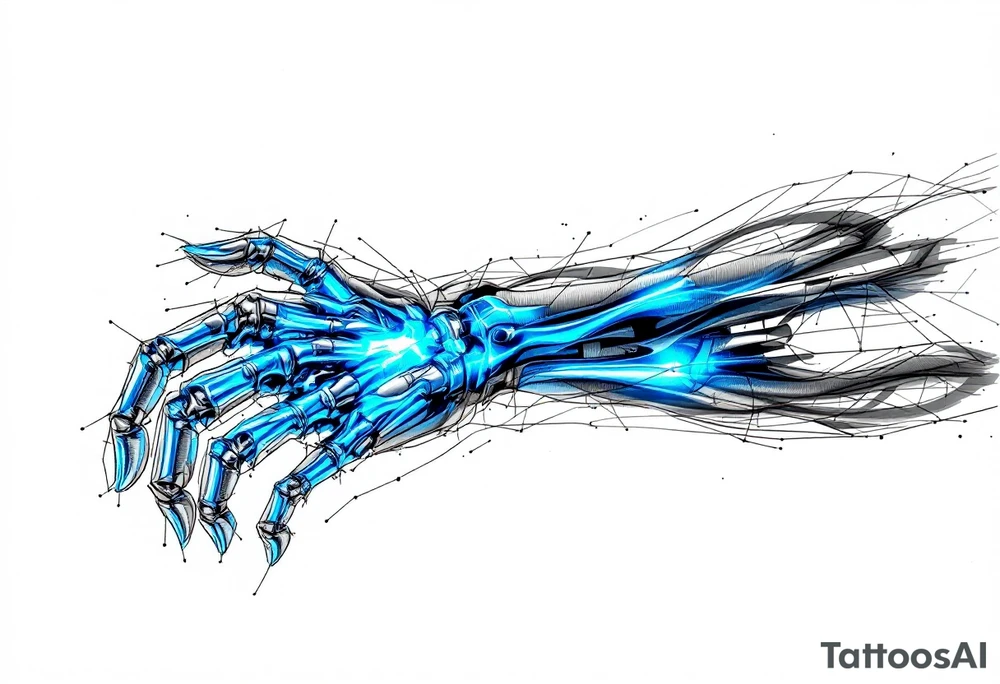 A transparent overlay effect showing the hand's inner mechanical structure, with shimmering metallic blue bones and joints. tattoo idea