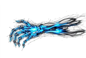 A transparent overlay effect showing the hand's inner mechanical structure, with shimmering metallic blue bones and joints. tattoo idea