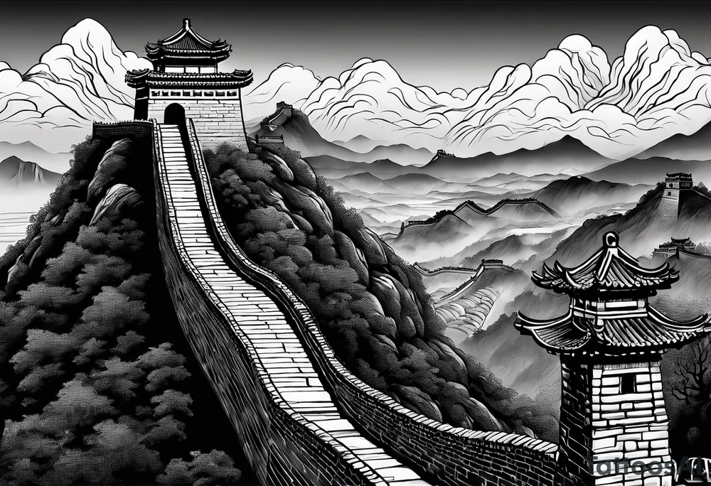 Great Chinese wall, realistic, art, gezeichnet, fine line, black and grey, man, details, Klippe tattoo idea