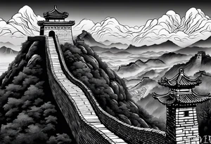 Great Chinese wall, realistic, art, gezeichnet, fine line, black and grey, man, details, Klippe tattoo idea