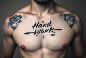 chest tattoo with japanese writing of hard work combined with bow and arrow tattoo idea