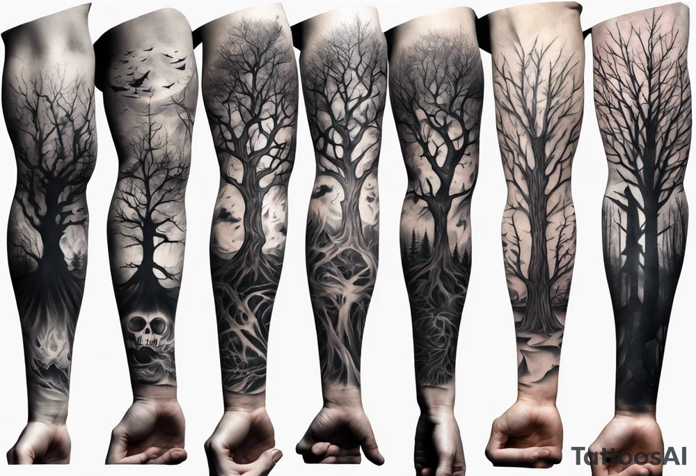 full arm sleeve tattoo with scary tree tattoo idea