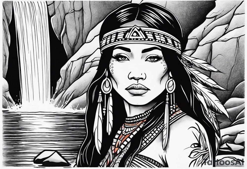 A native American Indian woman by a waterfall she is Aquarius water barrer she has tattoos and her eyes can see right through you tattoo idea