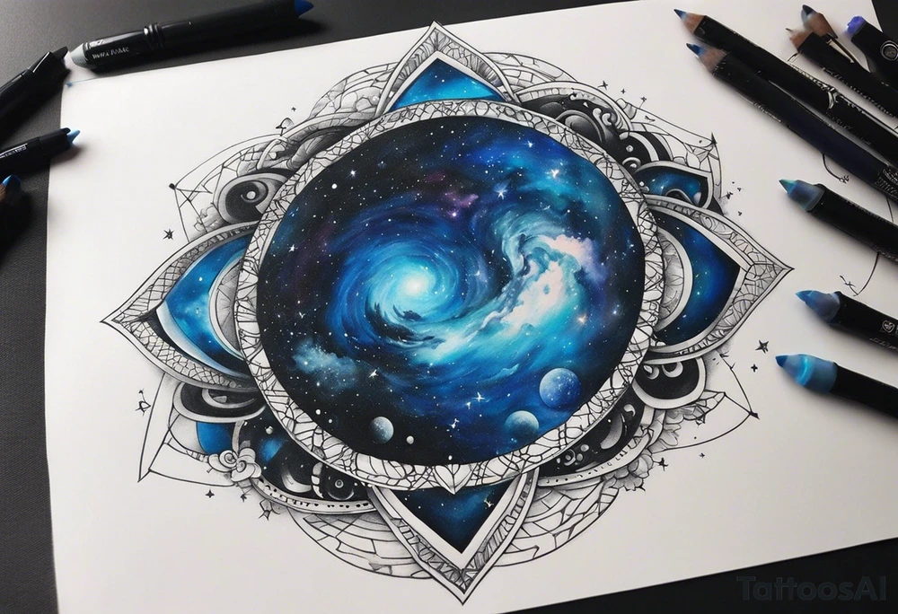 I want the outside black like the space and the galaxy blue different shades  Galaxy spyral tattoo the ones that look like an s shape because they are spinning so fast I want it in all blue but different shades of blue and it will be on my ass cheek so make it cute and conples and very aesthetic tattoo idea