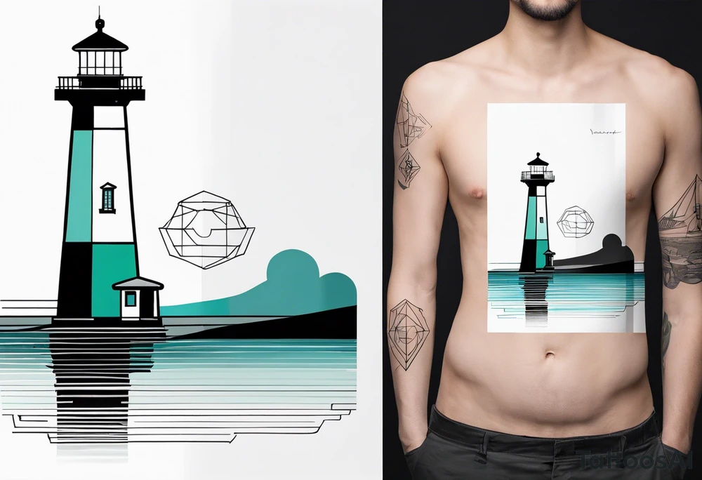 lighthouse in filne line and a bit geometric. Mostly black but the light and the sea colored. also the sea close to the lighthouse tattoo idea