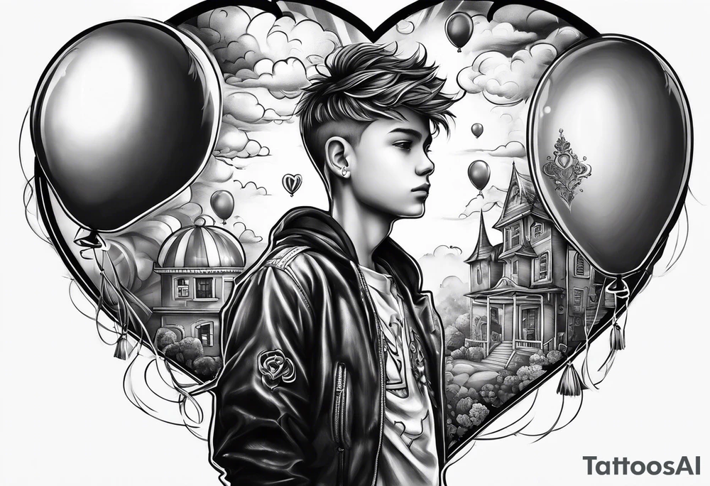 boy save my life with heart baloon tattoo idea