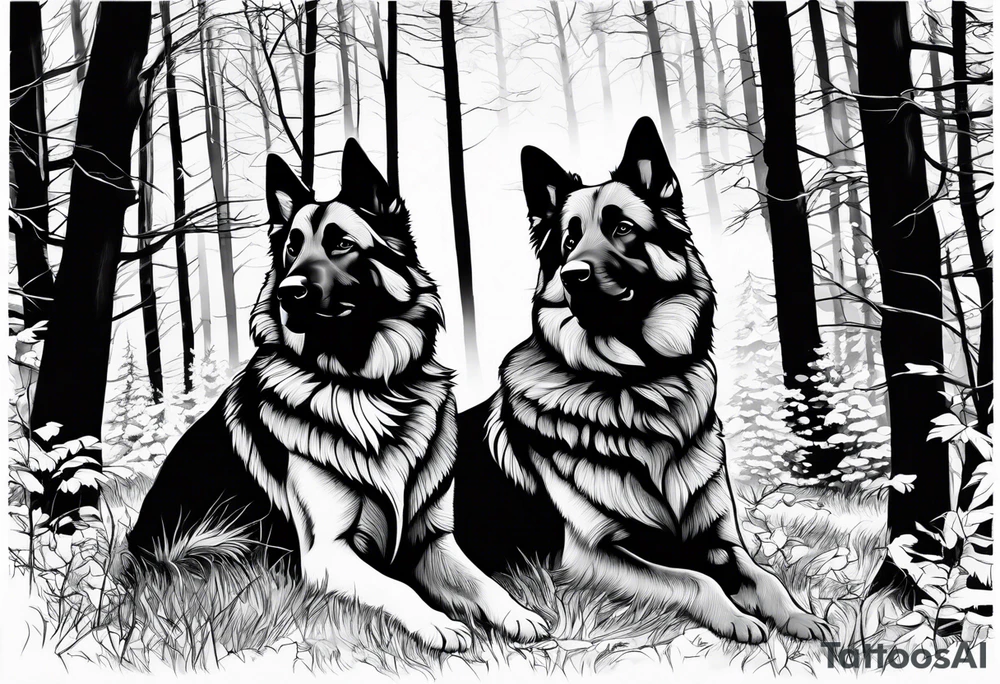 two norwegian elkhounds guarding a dark forest tattoo idea