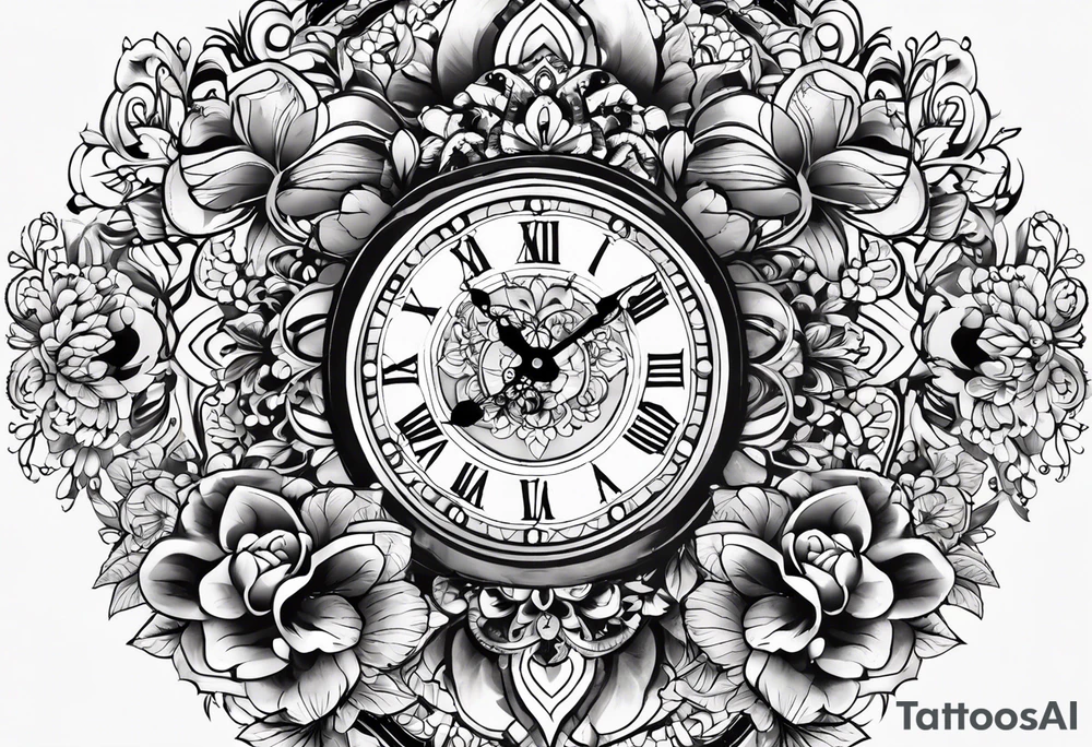 Aniya 6:51pm, Amari 4;57pm, Ameer 5:33am flower clocks teddybears half sleeve tattoo idea