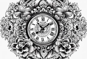 Aniya 6:51pm, Amari 4;57pm, Ameer 5:33am flower clocks teddybears half sleeve tattoo idea