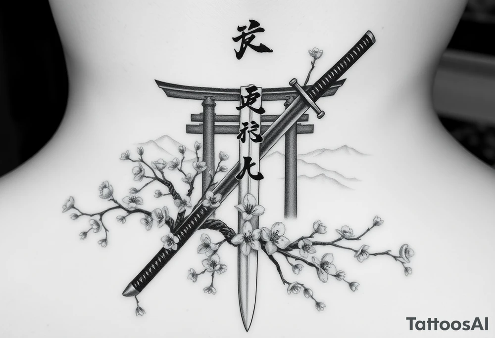 This is a black and gray realism tattoo rooted in discipline, duality, and intention. The centerpiece is a vertical katana, modeled after your original ink, clean and upright like a spine—symbolizing focus, precision, and grounded energy. It’s wrapped in the flowing limbs of a sakura tree, not as an accessory, but as an extension of the blade itself—representing beauty that blooms in adversity. Cherry blossoms aren’t scattered for aesthetics—they move with the wind, some drifting in the foreground, others clinging to the sword like it’s their protector. Behind it all sits a misty torii gate and layered mountains, giving the piece weight, history, and spiritual context. The kanji 平和の剣 (“Sword of Peace”) rides the piece vertically, not slapped on but earned—a message that resonates from the blade outward. The shading is deep and unifying, giving everything one breath, one tone, one story. Nothing floats, nothing competes. The sword doesn’t dominate the art—it becomes the axis around which peace, nature, and power orbit. tattoo idea