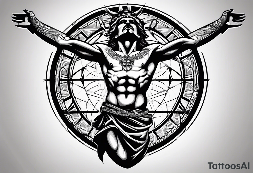 Crucified man inside a circle of Roman numerals tattoo idea