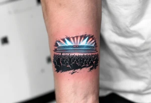 A forearm piece showing the HC Sparta arena lit in blue and red lights, with roaring crowd silhouettes. tattoo idea
