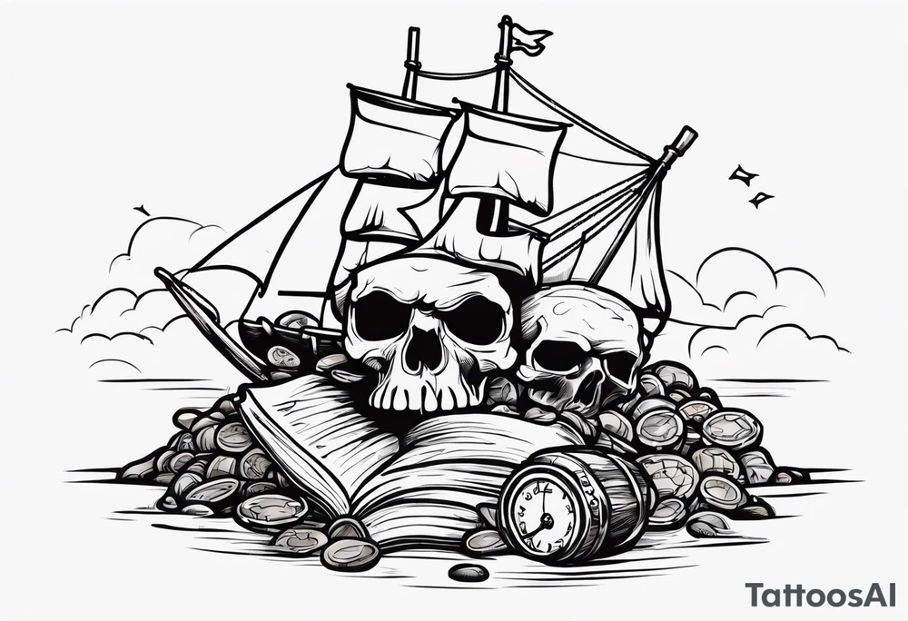 goonies pile of treasure with one eyed willy pirate skull on top tattoo idea