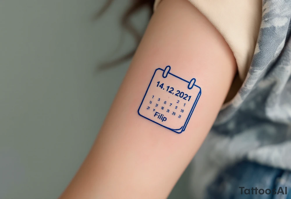 Calendar icon with highlighted date 14.12.2021 and the name "Filip" in royal blue below. tattoo idea