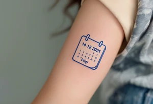 Calendar icon with highlighted date 14.12.2021 and the name "Filip" in royal blue below. tattoo idea