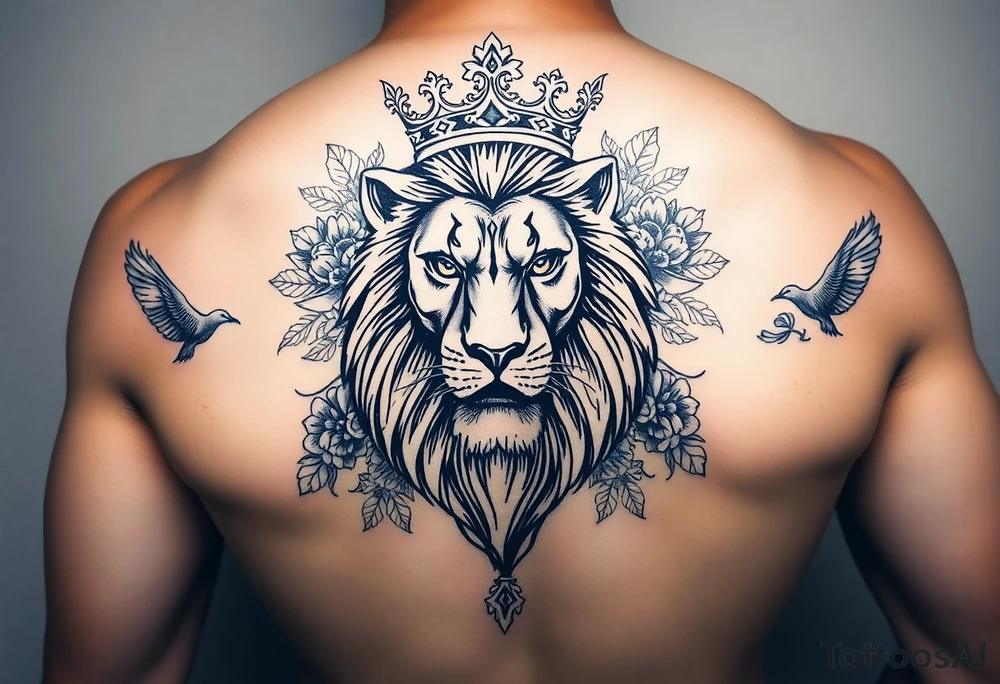 powerful majestic lion with a crown, surrounded by floral ornaments and birds tattoo idea