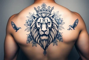 powerful majestic lion with a crown, surrounded by floral ornaments and birds tattoo idea