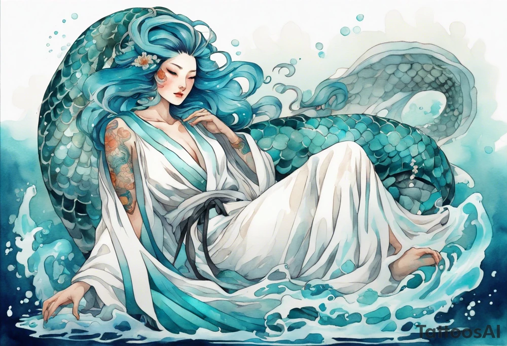 A beautiful undine with turquois scales wearing a white robe, laying on the shore tattoo idea