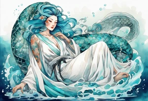 A beautiful undine with turquois scales wearing a white robe, laying on the shore tattoo idea