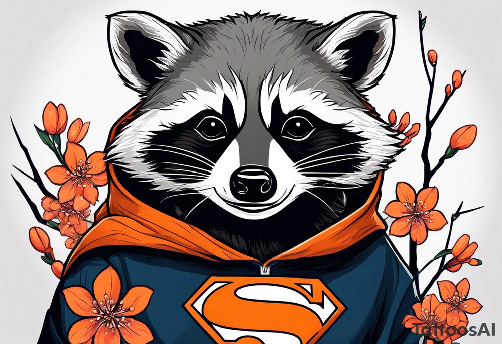 Raccoon wearing a white Superman logo on a black hoodie and orange Japanese cherry blossoms beside tattoo idea