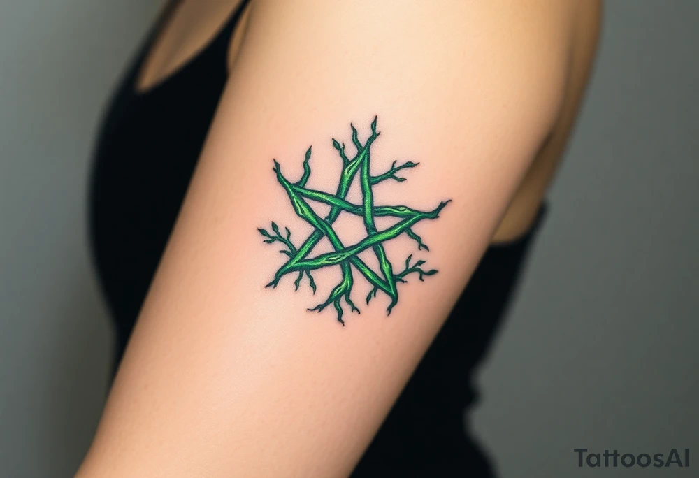 A nature-inspired pentagram made of twisted roots, with glowing green veins pulsing with life. tattoo idea