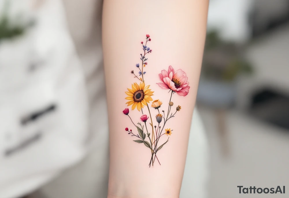 Small bunch of wild flowers including stargazer lilly, mini sunflowers, poppies and peonies with stems. Use the watercolour style inspired by Monet’s style with no outline on the florals. tattoo idea