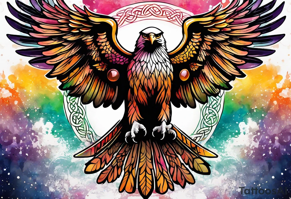 Feminine celtic Eagle with wings spread upwards. Colourful background, splashes on colour tattoo idea