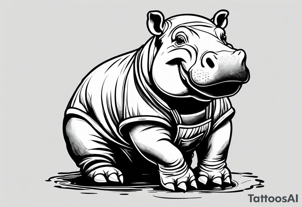 Baby hippo wearing overalls holding up his middle finger tattoo idea