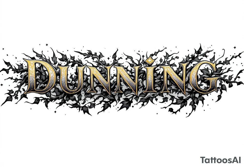 Dunning, details include bold strong font, gold highlights, theme of wealth and angels tattoo idea