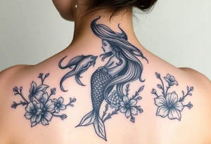 ethereal mermaid with flowing hair among coral and sea flowers tattoo idea