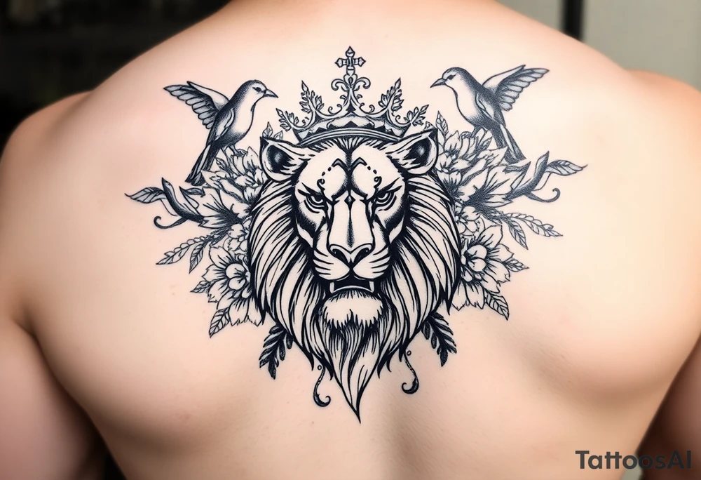 powerful majestic lion with a crown, surrounded by floral ornaments and birds tattoo idea