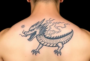 fierce dragon breathing iridescent fire against stormy skies tattoo idea