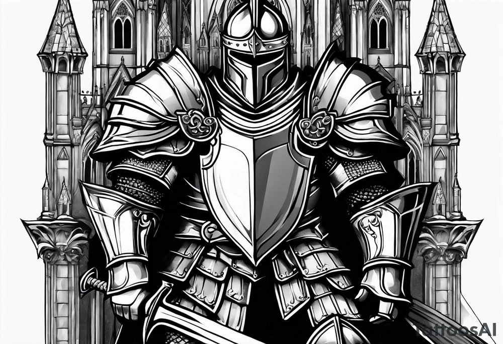 knight heavy armor in front of cathedral tattoo idea