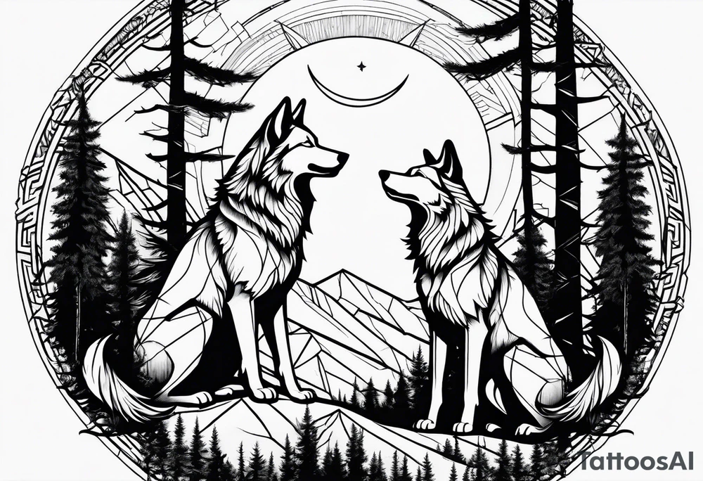 Mountain peaks
Two wolves sitting at end of trail
Moon
Dark woods tattoo idea