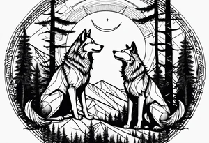 Mountain peaks
Two wolves sitting at end of trail
Moon
Dark woods tattoo idea