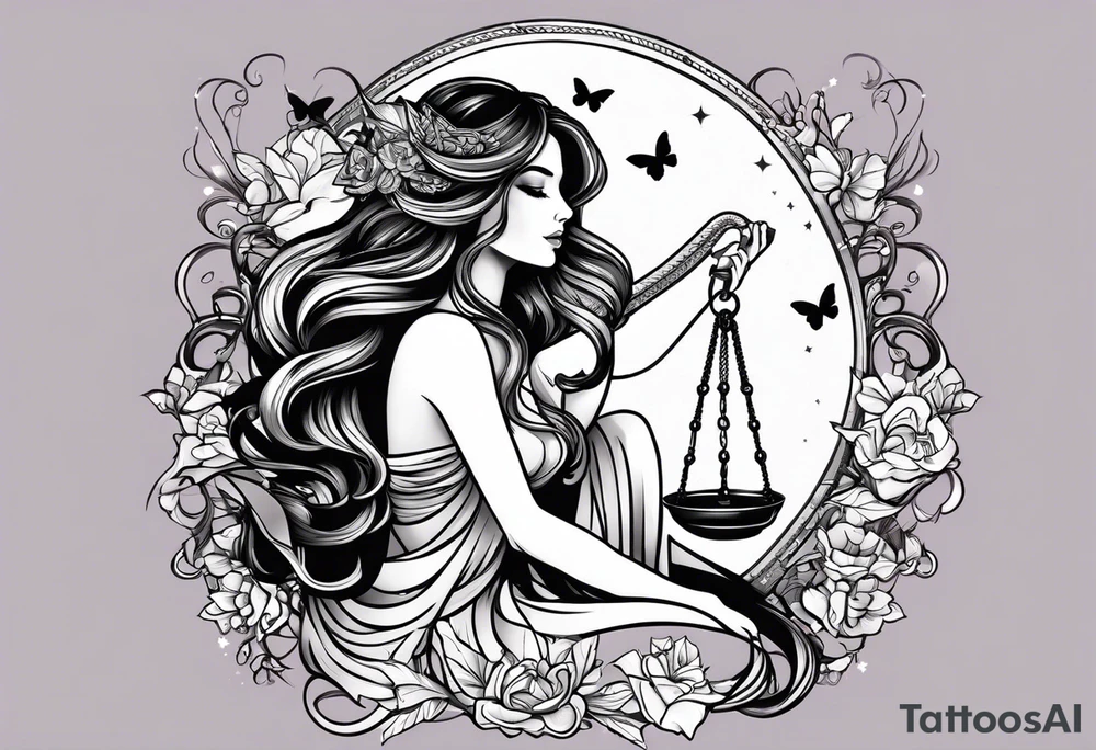 Beautiful woman with butterflies in her long wavy hair sitting on a half moon holding the libra scales with a moon and star background tattoo idea