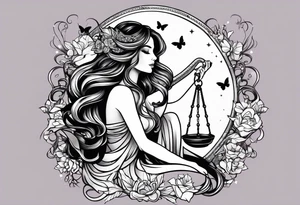 Beautiful woman with butterflies in her long wavy hair sitting on a half moon holding the libra scales with a moon and star background tattoo idea