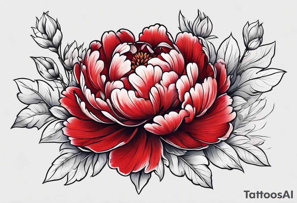 Red peony with floating petals with a tiny rabbit tattoo idea