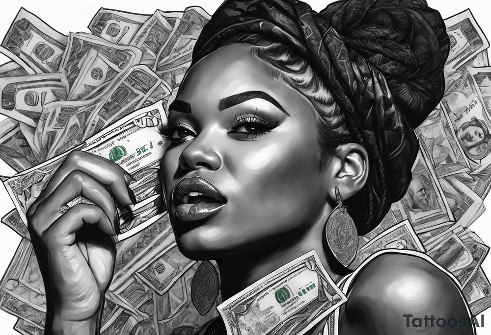 black woman biting money tattoo idea