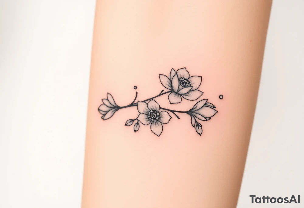 Long branch with magnolia flowers, in different blossom stages with botanical details, lines and dots tattoo idea