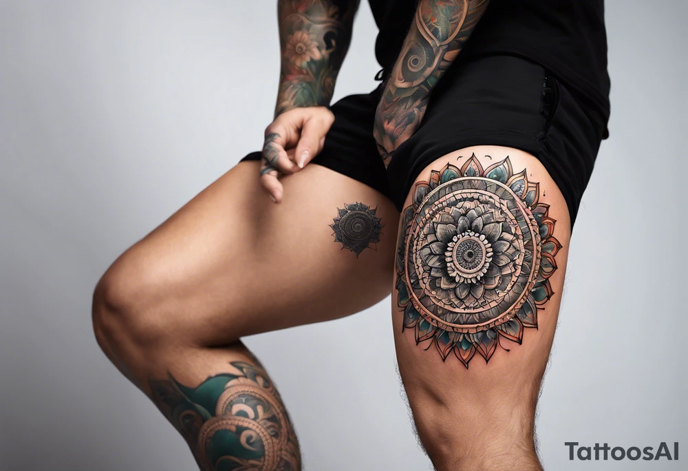 male moon mandala Knee tattoo in fall colors tattoo idea