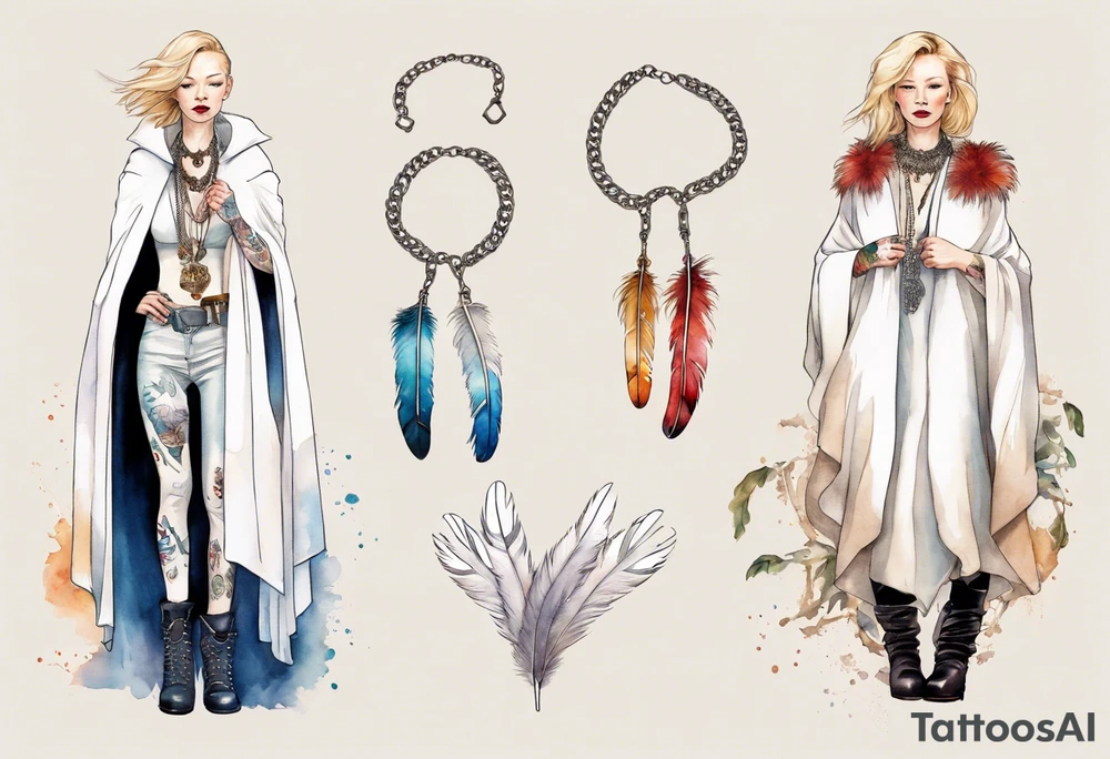 Cate Blanchette wearing white cloak  and boots and feather necklace tattoo idea