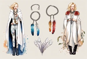 Cate Blanchette wearing white cloak  and boots and feather necklace tattoo idea