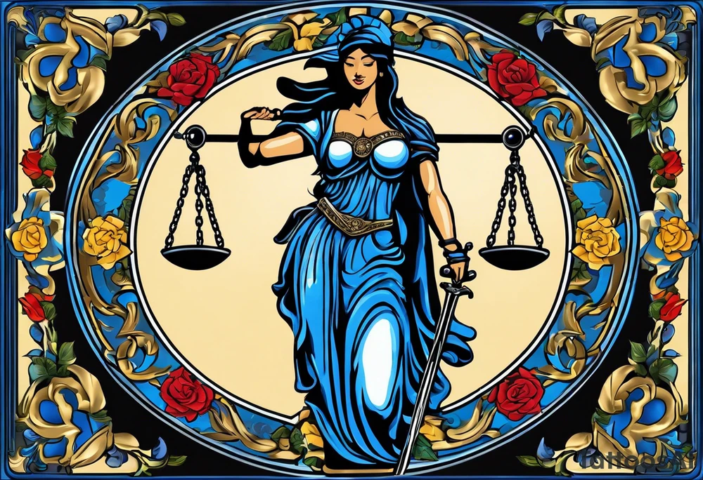 Lady Justice, 
Blindfold:
Scales: 
 Lady Justice is shown with black hair, which is a unique artistic choice compared to the more traditional representations. The scales, blindfold, and sword are all present, adhering to the classic iconography but with a modern and colorful twist. blue roses frames, background blue,present it in a tattoo tattoo idea