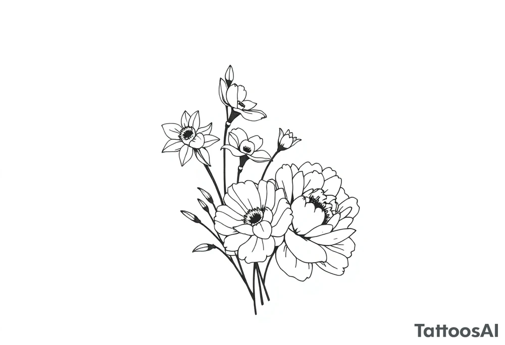 small daffodils, jonquils, chrysanthemum and peony in a bouquet tattoo idea