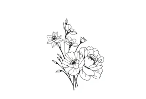 small daffodils, jonquils, chrysanthemum and peony in a bouquet tattoo idea